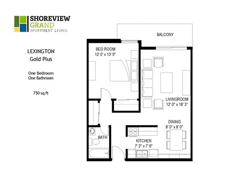 Floor plan for 1 bed, 1 bath, 750 sqft